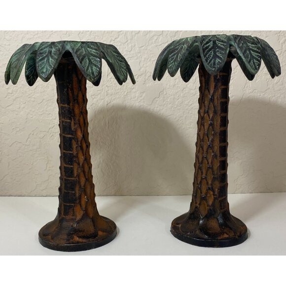 Vintage Metal Green & Brown Palm Tree Candleholders - Picture 4 of 8